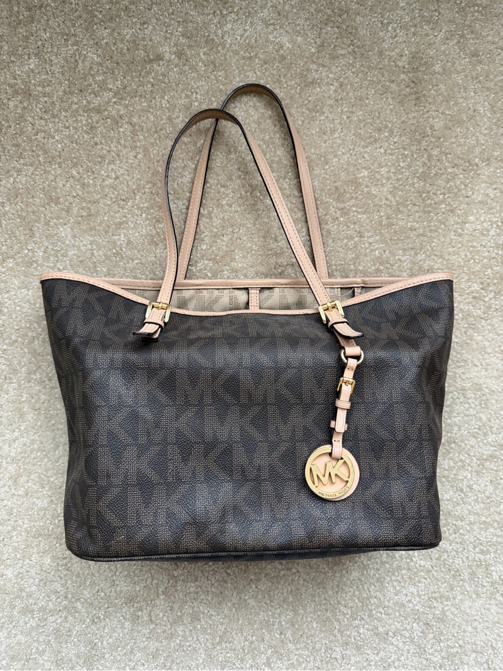 Michael Kors Brown Tote with Blush Trim and Gold MK Charm